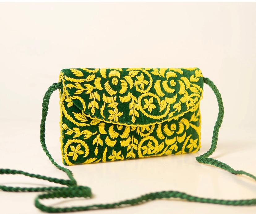 Valentia/ green / handembriodered clutch