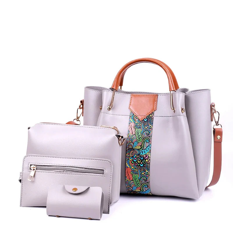 Delicacy 4 Pcs Handbag Set – White, Pink & Stone Grey