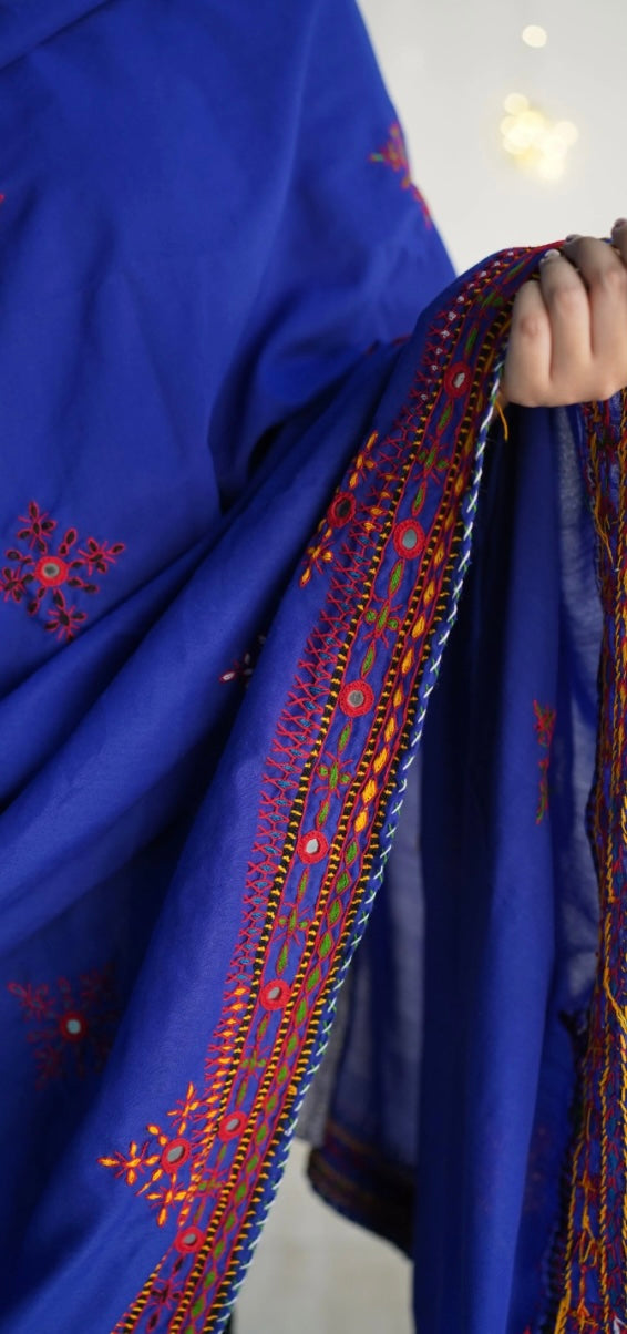Jadwan/ handembriodered Swiss voil shawl/ blue