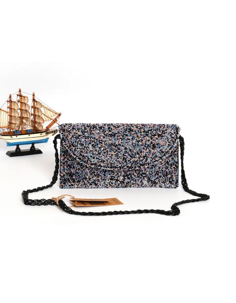 Grey beading clutch / handembriodered